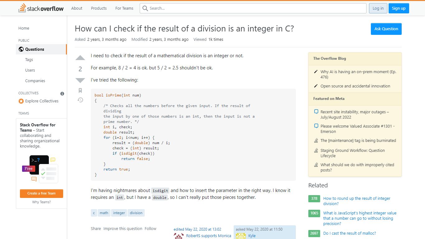 How can I check if the result of a division is an integer in C?